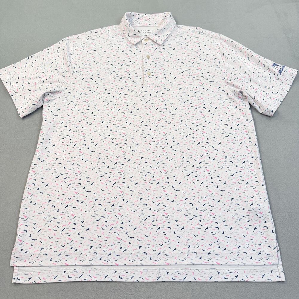 Bermuda Sands Polo Shirt Mens Large White Bird Print Twin Lakes Golf Performance